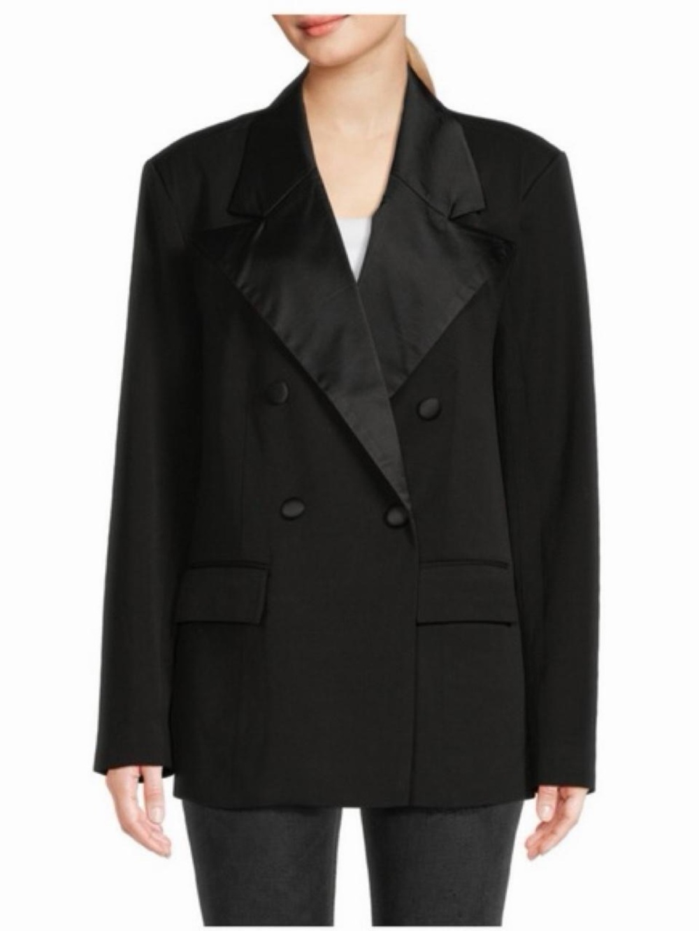 WeWoreWhat Black Double-Breasted Satin Lapel Blazer